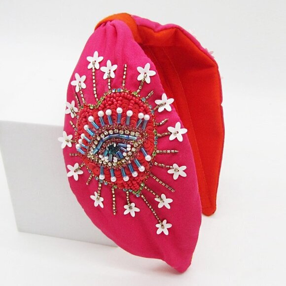 BACK IN STOCK! NEW Pink Red Pearl Sequin Beaded Evil Eye Heart Knot Headband - Picture 1 of 6